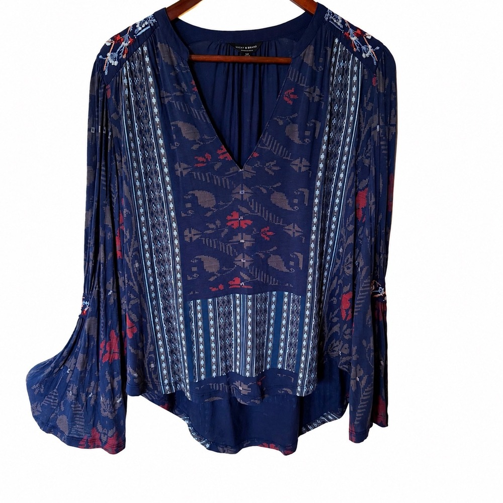 Lucky Brand Navy Blue Embroidered Boho floral Bell Sleeve V-Neck Blouse Small‎